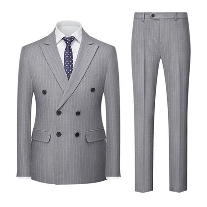 Blue Pinstripe Men's Double-breasted Suit Two-piece, Wedding/Party/Business Dress Jacket and Pants, Red Gray Male Sets M-4XL 5XL