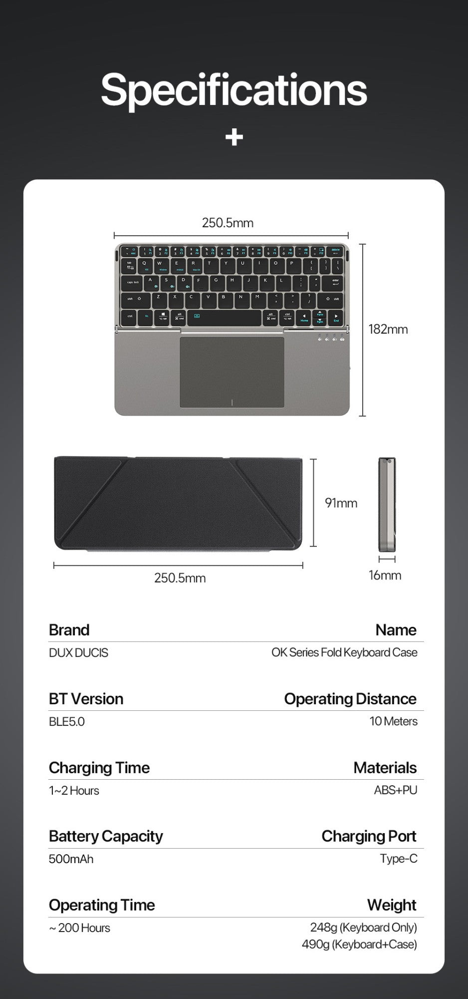 Teclado dobrável Bluetooth 5.0 DUX DUCIS com Touchpad e suporte de telefone para celulares, tablets e PCs com iOS, Android, Windows e Mac
