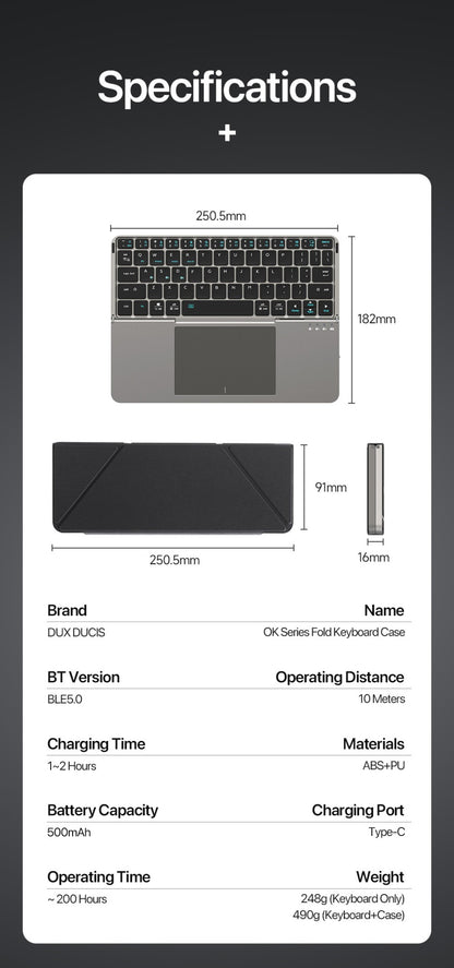 Teclado dobrável Bluetooth 5.0 DUX DUCIS com Touchpad e suporte de telefone para celulares, tablets e PCs com iOS, Android, Windows e Mac
