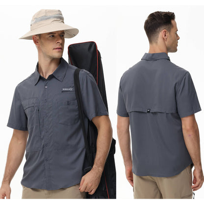 Summer Men's UPF 50+ Fishing Shirts, Casual Breathable Short Sleeve Cargo Fishing Shirt, Button Down Tactical Shirts Blouse
