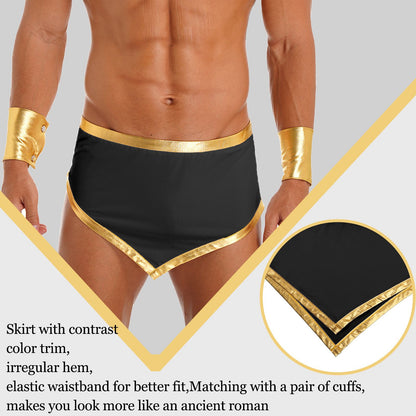 Men Roman Gladiator Costume Ancient Greek God Caesar Mini Skirt with Cuffs Halloween Theme Party Cosplay Outfits Fancy Dress Up