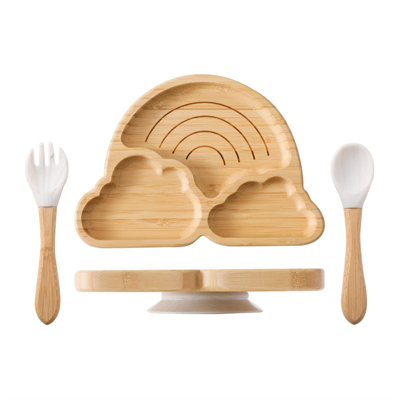 Baby Wooden Tableware Set Could Bamboo Wooden Plate Bowl Silicone Suction Wooden Handle Fork Spoon for Children Feeding Supplies