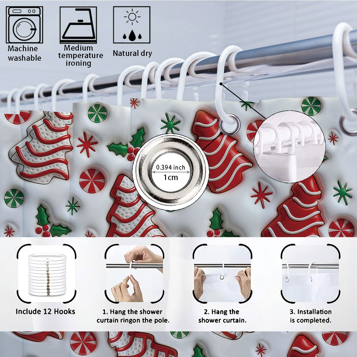 4pcs Christmas colored candy printed bathroom set 180x180 waterproof shower curtain, floor mat, toilet seat mat, U-shaped mat