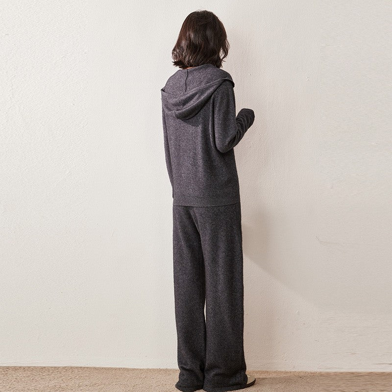 Autumn Winter New 100% Pure Cashmere Women Half Open Front Hoodie Set Knitted Two Piece Pullover Knitwear Wide Leg Pants