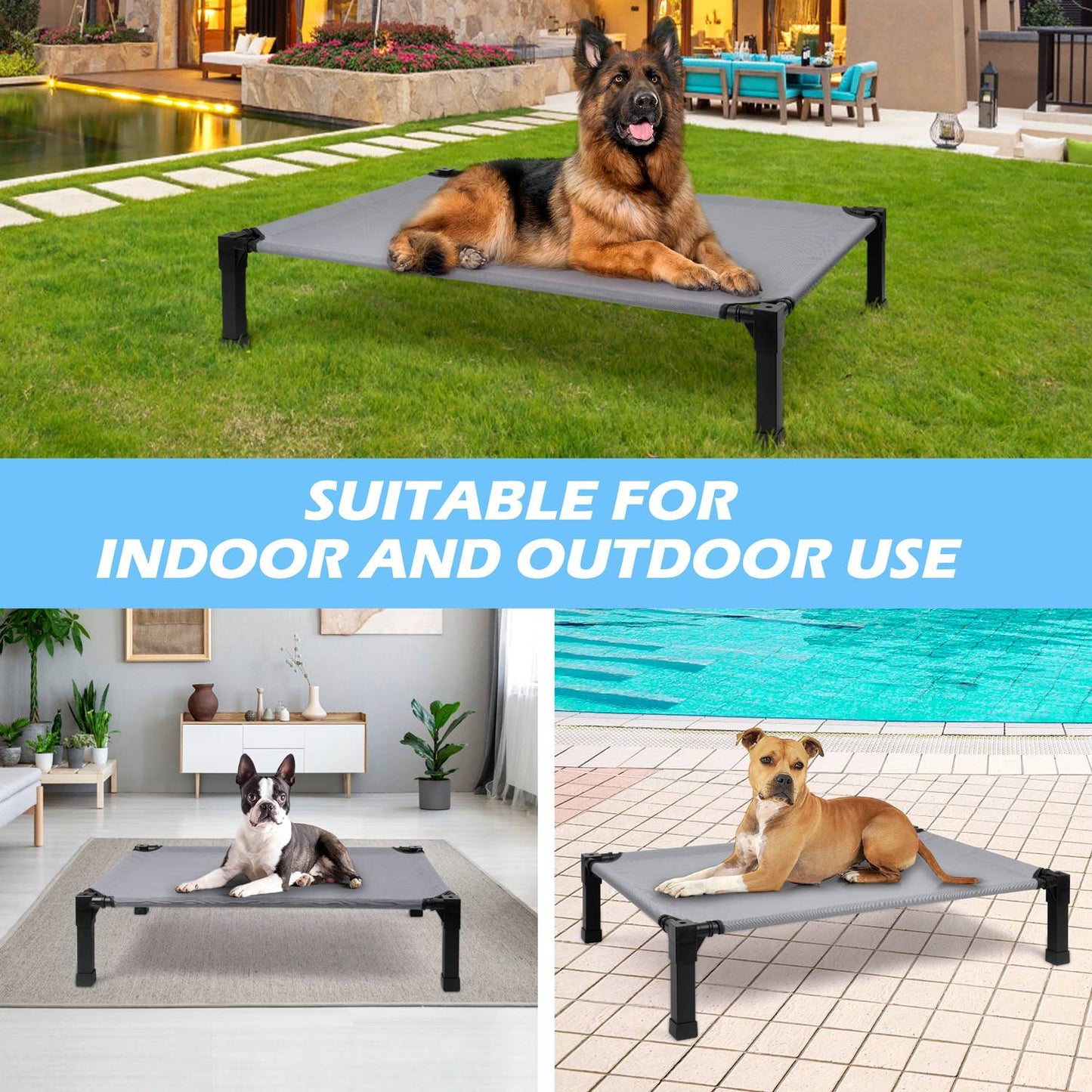Cama Elevada para Cães, Cama Suspensa Refrescante para Animais de Estimação com Tela de Malha Respirável Lavável e Resistente a Mordidas e Estrutura de Metal, Cama Portátil para Cães