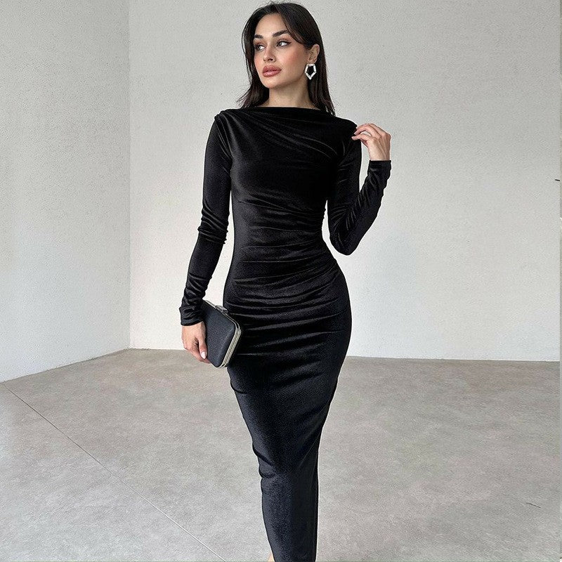 Dulzura 2024 Spring Summer Velvet Long Sleeve Midi Dress For Women Ruched Long D