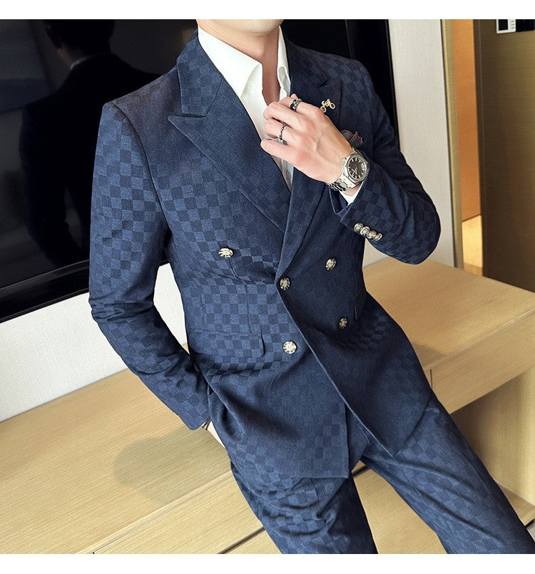 (Jacket+Pants)Luxury Checkered Double Breasted Suit  2 Pieces Fashion Business Slim Fit Social   Formal Suit Evening Dress 5XL-M