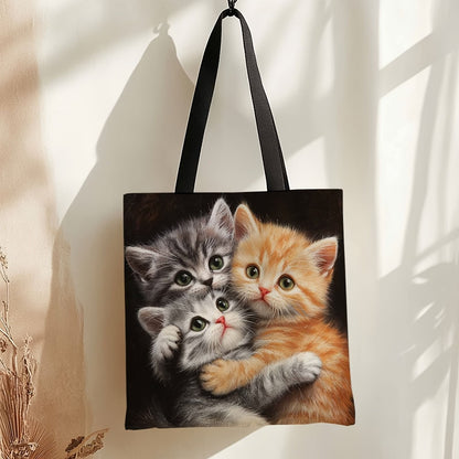 Cute Snuggling Kittens Tote Bag Durable Polyester Foldable Reusable Shopping Bag with Colorful Cat Large Capacity Handbag