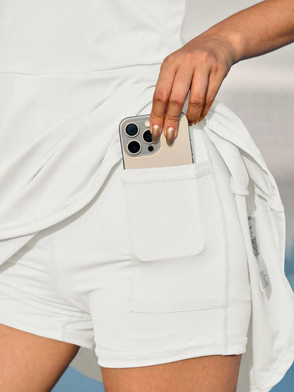 Fisoow Women's Tennis Skirt with Built in Shorts and Bra, Summer Backless Hanging Neck V-neck Yoga Golf Exercise Mini Dress