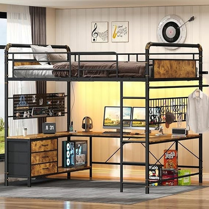 Size Loft Bed with U-Shaped Desk, Heavy Duty Full Loft Bed Frame with Pegboard & Mesh Shelf, RGB Lights, Bunk Lo