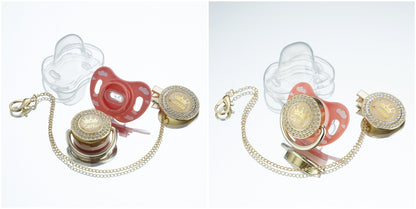 Miyocar Bling Custom Pink Brave Lion Pacifiers Bring 3 Replacement Silicone Teat Include All Size for Boy Girl Baby Shower Gift