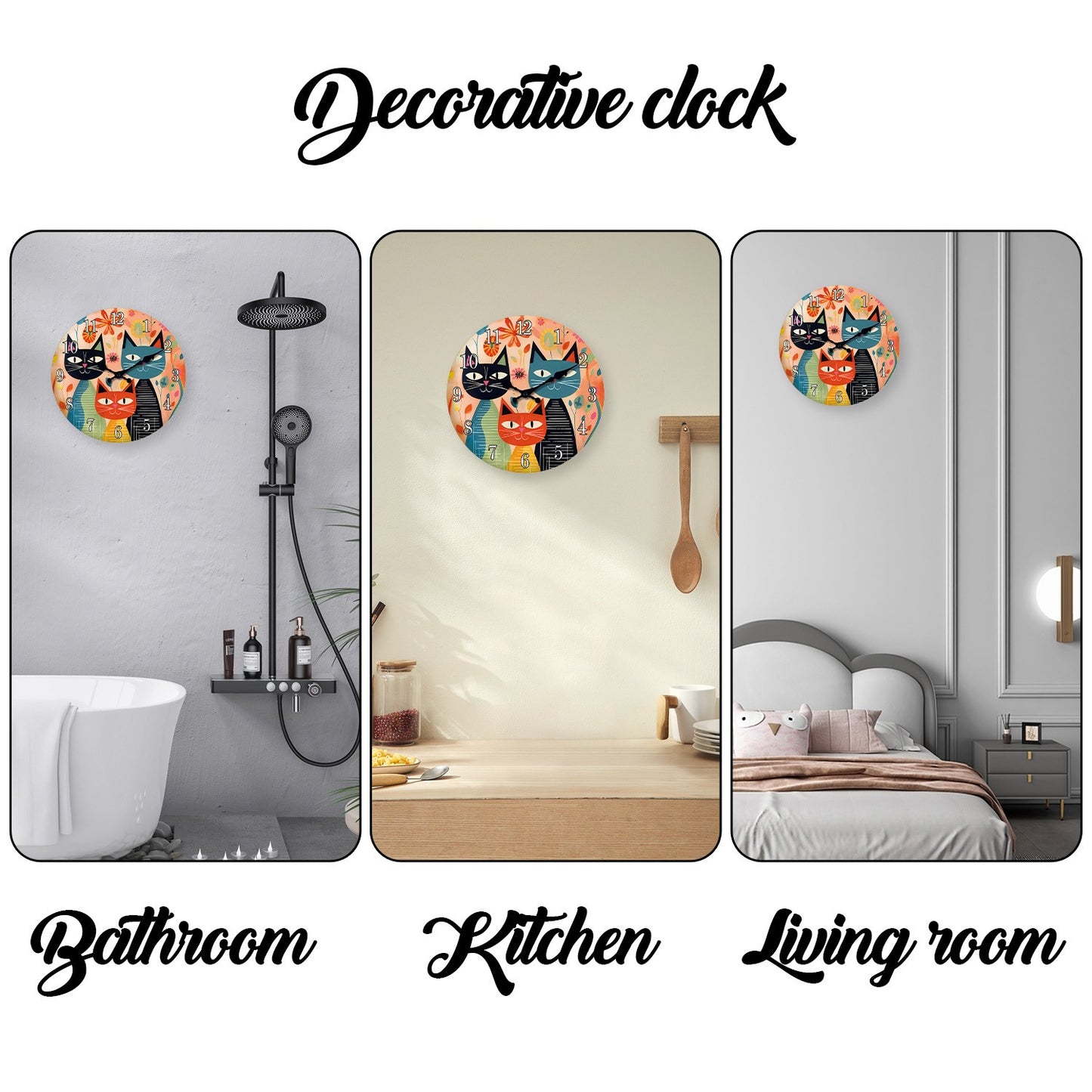 Retro Art Cute Cat Family Wooden Wall Clock Living Room Bedroom Kitchen Home Decoration Wall Clock Silent Quartz Clock Holiday Gift 10 Inch 12 Inch 14 Inch 16inch (No Battery)