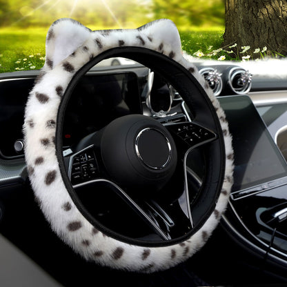 Capa de Volante de Inverno Leopard Quente Fofa para Mulheres. Capa de Volante Universal de Pelúcia para Carro, SUV Universal 15 polegadas