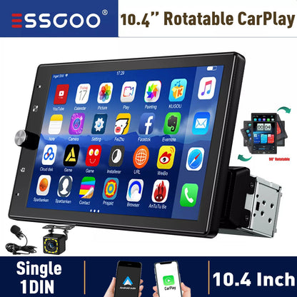 10.4" Wireless Single 1 DIN Rotatable Car Stereo Radio Apple CarPlay & Android Auto Touch Screen USB BT FM AUX-IN SWC+MIC&Camera