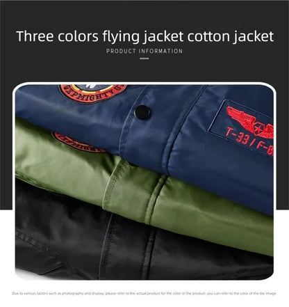 Unisex Winter Thicken Warm Bomber Jacket Air Force Style Flight Parkas Coat with Cotton Embroidery Casual Outwear for Men