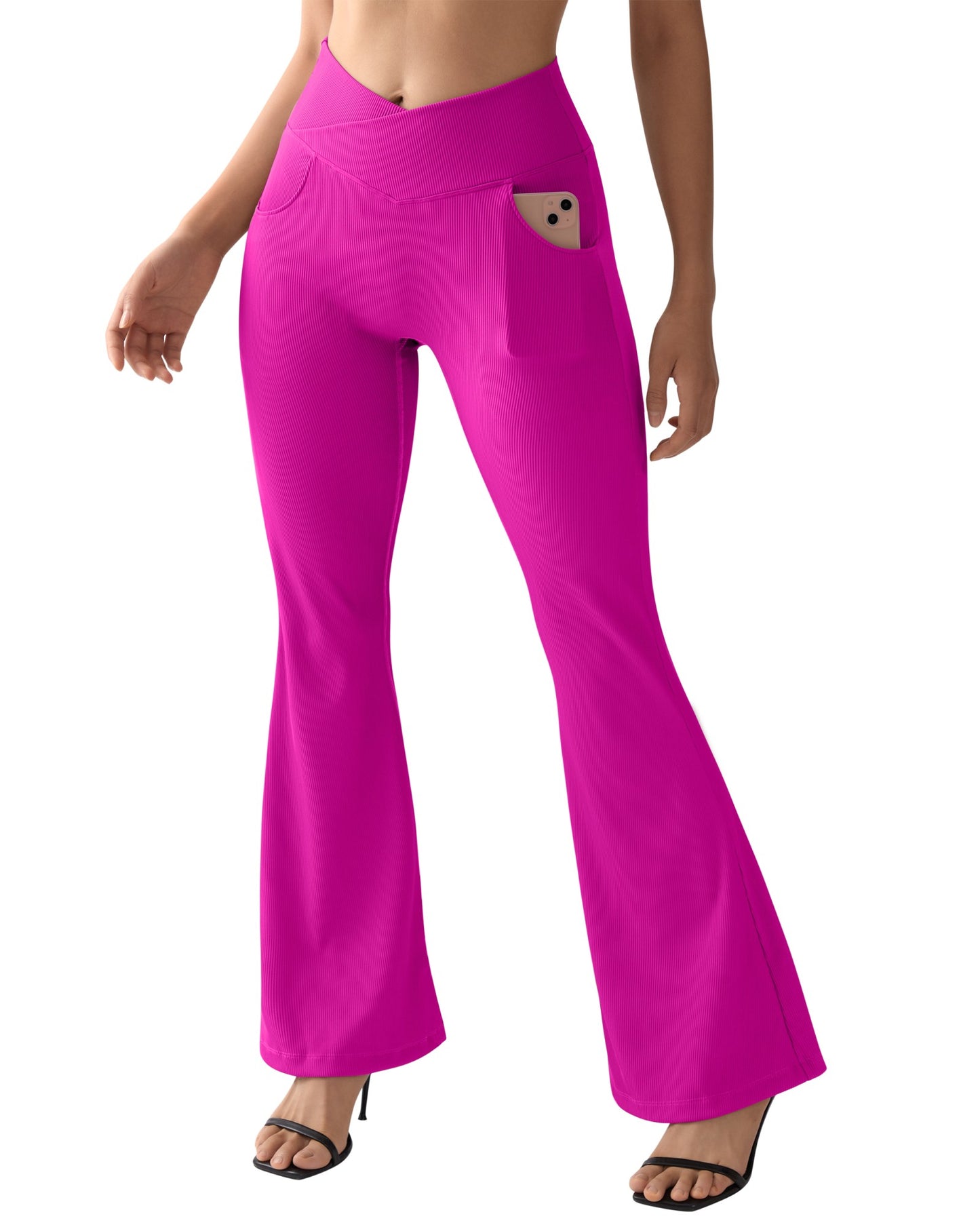 Women Ribbed Crossover Flare Leggings V Waist Slim Fit Yoga Pants with Pockets Workout Fitness Yoga Pants Flared Pants Female