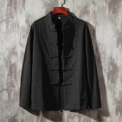 XXXXXL Plus Size Men Cotton Linen Shier Autumn Spring Men Collarless Long Sleeve Frog Button Loose Blouse Tops Oversized M-5XL