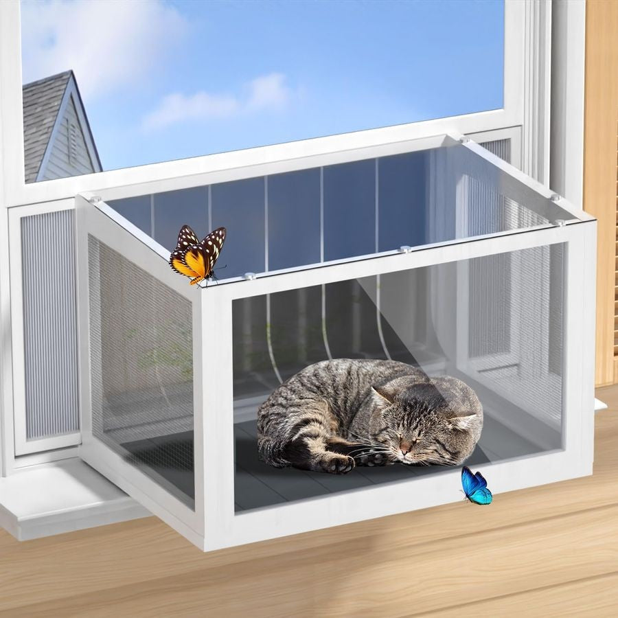 Catio para Janela, Gabinete para Gatos Interno e Externo com Painéis Transparentes, Laterais de Malha e Cortina de PVC, Poleiro Universal para Janelas