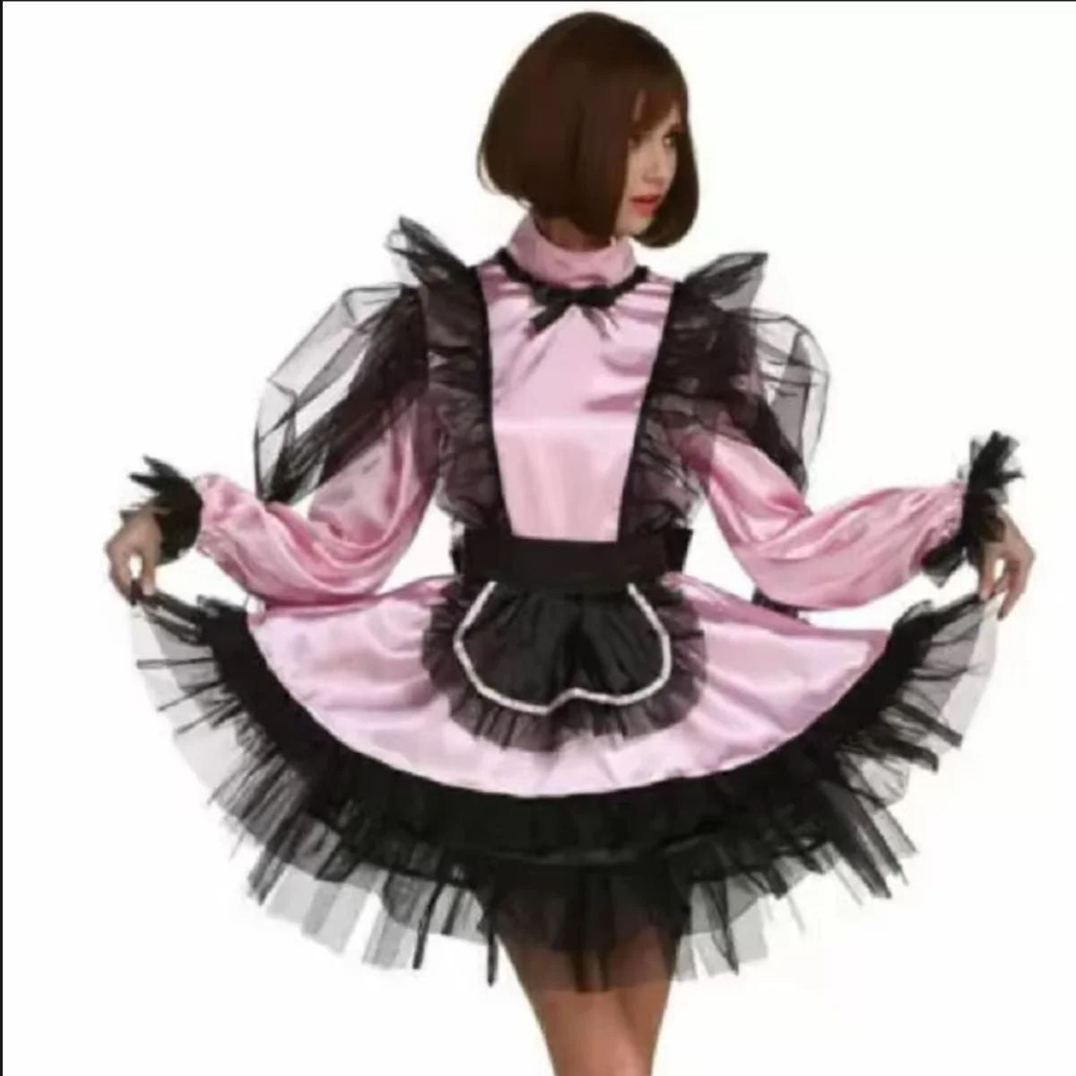 Dresser's Cross Dressing UniformSissy  Girl Modeling Organza Dyed Pink Medium Neck Long Sleeved Dress Cross Mai Can Be Customiz