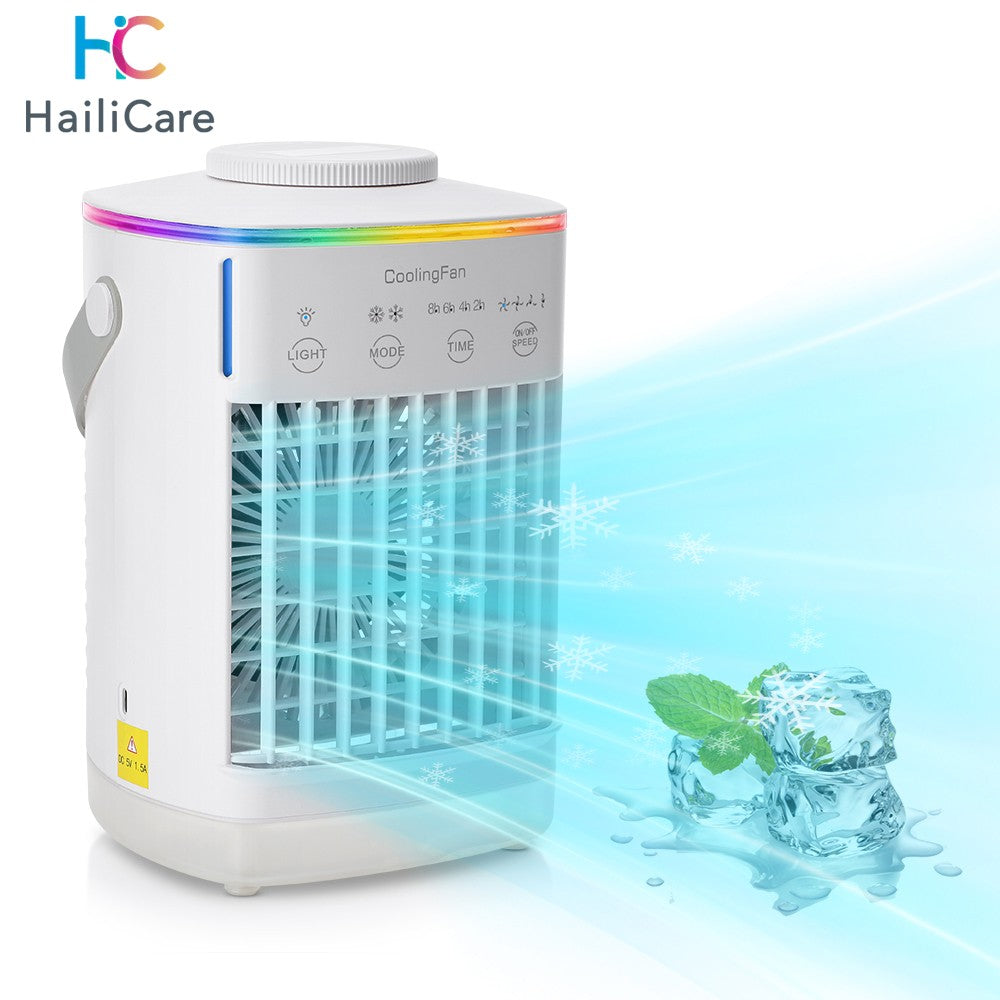 Mini climatizador portátil de 4 velocidades para mesa com temporizador, ventilador de resfriamento, spray de água, USB, para escritório e casa