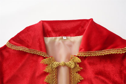 Medieval Royal Long Cape with Golden Lace Trim Floor Length Cloak Adult Men Women King Queen Halloween Cosplay Themed Party Cos