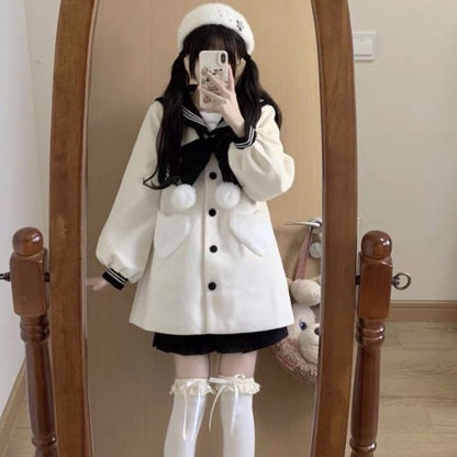 Japanese Sweet Bow Sailor Collar Black Tweed Coat Fashion All-match Jk Jackets for Women 2025 Autumn New Long Sleeve Tops Mujer