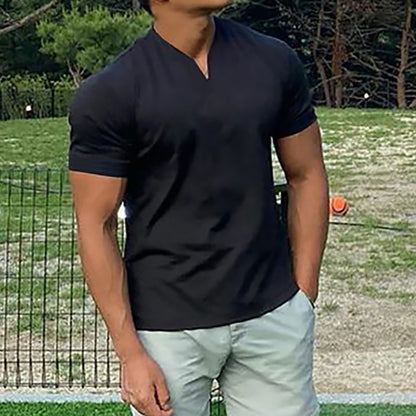 Elastic Slim Fit Summer Cool Quick Dry T-Shirts Mens Running Short Sleeve V-neck Shirts Gym Bodybuilding Fitness Muscle Clothing