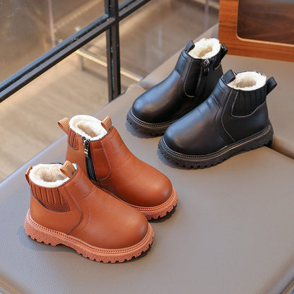 21-30 Kids Ankle Boots for Little Boys Girls Thermal Snow Boots Fashion PU Leather Children Short Rubber Boots with Thick Plush