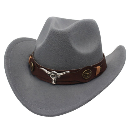 New Felt Western Cowboy Hat Ox Head Accessories Ethnic Style Roll Brim Cowgirl Cap with Cow Band Soft Jazz Fedora Hats Men