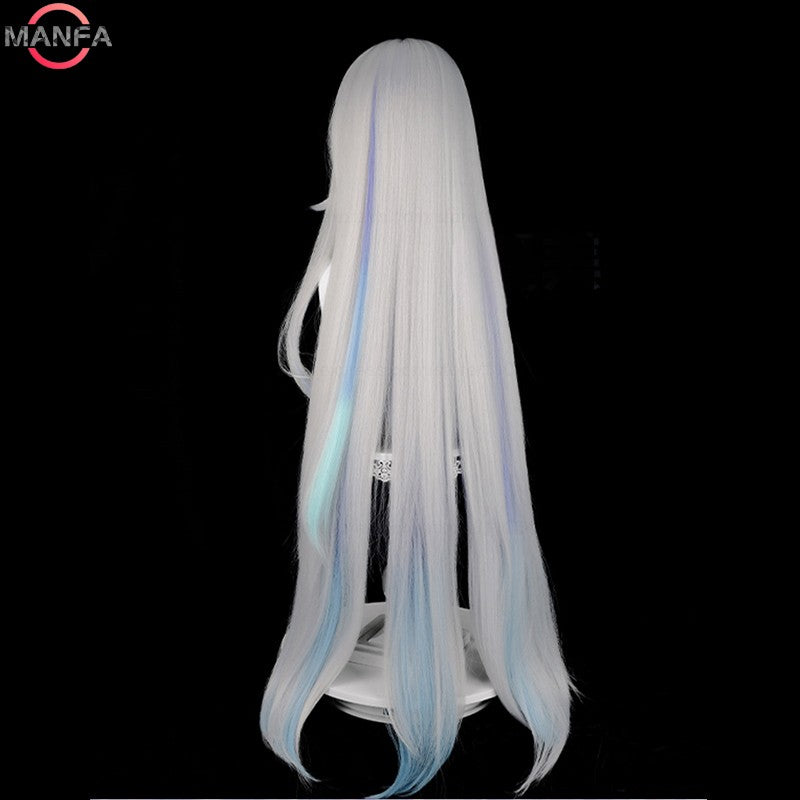 Peruca Skirk Cosplay 105cm Longa Branca Prateada com Gradiente Azul Cabelo Sintético Resistente ao Calor Perucas de Anime + Touca de Peruca