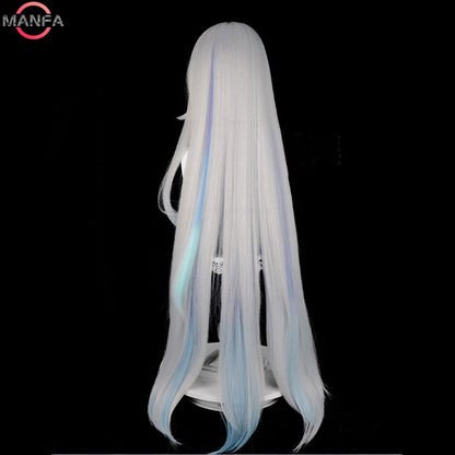Peruca Skirk Cosplay 105cm Longa Branca Prateada com Gradiente Azul Cabelo Sintético Resistente ao Calor Perucas de Anime + Touca de Peruca