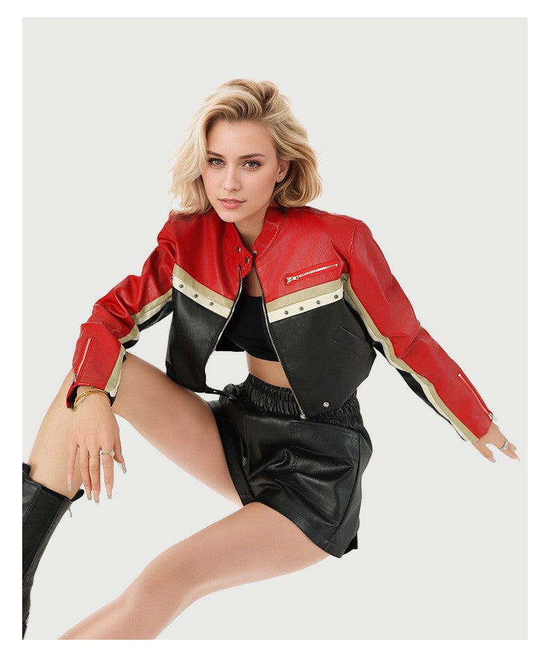 New Fall Women's Red Long-Sleeve Faux Leather Jacket, Short-Length Fashionable Biker PU Coat.