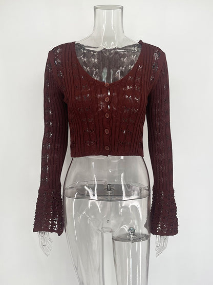 TARUXY Hollow Knitted Cardigan Women's Solid Long Sleeve V Neck Short Sweater Top Summer 2025 New Female Crochet Casual Outwear