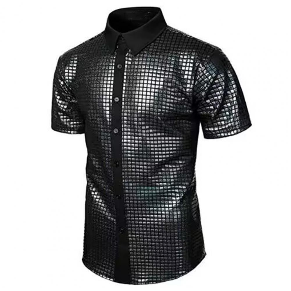 Club Sequin Shirt Mens 70s Disco Costume Vinatge Shirt Turn-down Collar Reflective Shiny Sequins Short Sleeve Button Down Shirt