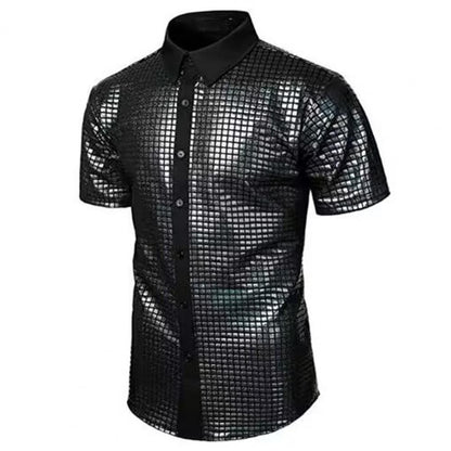 Club Sequin Shirt Mens 70s Disco Costume Vinatge Shirt Turn-down Collar Reflective Shiny Sequins Short Sleeve Button Down Shirt