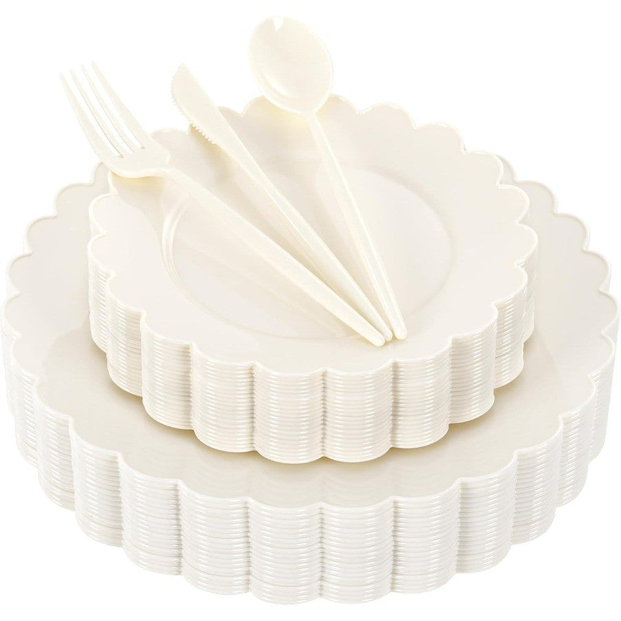 150 Pcs Ivory Plastic Plates for Party Disposable Heavy Duty Thanksgiving Plates Ivory Plastic Dinnerware Sets for 30 Guests - 6