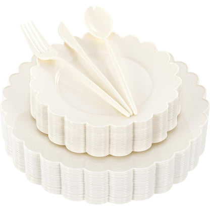 150 Pcs Ivory Plastic Plates for Party Disposable Heavy Duty Thanksgiving Plates Ivory Plastic Dinnerware Sets for 30 Guests - 6