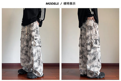 Mens Casual Pants Straight Leg Loose Fit Tactical Cargo Joggers Wide Leg Tie Dye Trousers Trendy Fashion Side Pocket pants man