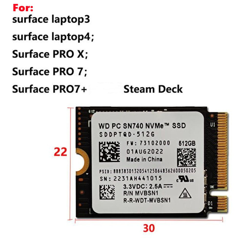 Western Digital WD SN740 SN5000S M.2 2230 SSD 2TB 1TB 256GB NVMe PCIe Gen4 x4 para Microsoft Surface Pro X Laptop 3 Steam Deck