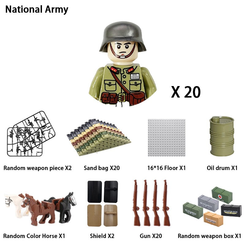 Brinquedos de blocos de montar para crianças: Modelos de Mini Armas de Exército Nacional de Guerra de Soldados de Infantaria da Segunda Guerra Mundial
