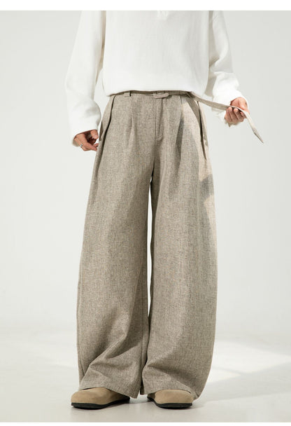 Men's Pleated Drape Curved-Leg Trousers Loose-Fit Straight-Leg Pants Retro-Style Belted Casual Pants