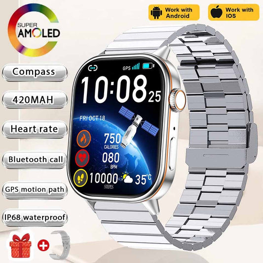 Smartwatch de Música Feminino 2025 Novo com Tela AMOLED HD de 2.01'' Moda, GPS de 6 Estrelas Embutido, Rastreador Impermeável e Chamada, Braceletes