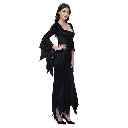 [You're My Secret] Halloween Morticia Adams Primate Black Adams Family Dress Retro Gothic Flared Sleeve Fishtail Dress Vestido
