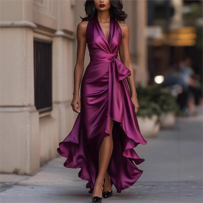 Elegant Women's Evening Rules Ruffled Slit Dress Summer Sexy Deep V Neck Backless Slimming Lady Waist Cinching Lace Up Dreses