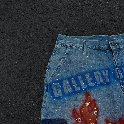 Y2K Fashion Distressed Hand Painted Vibrant Red Flame Pattern Gemstone Decoration Blue Denim Shorts Men Women Casual Streetwear