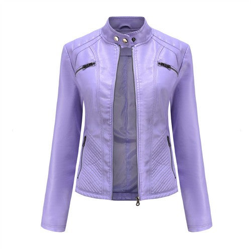 Lavender Purple Women's Long Sleeve PU Jacket, Fashion Motorcycle Leather Jackets, Red Coat, Black Outerwear.