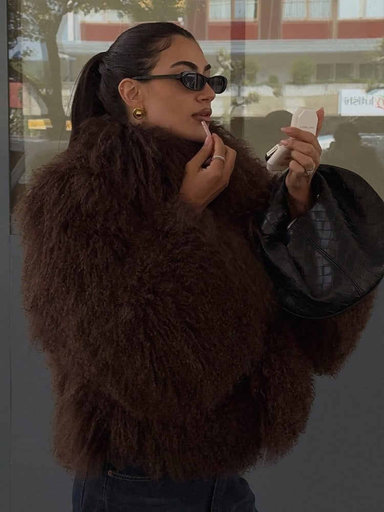 Solid Fashion Fake Fur Coat Women Chic Fluffy Warm Long Sleeve Loose Short Jacket Luxury 2025 Winter Lady Daily Street Outerwear