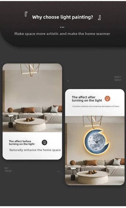 20in LED Light Wall Clock Dining Room Living Moon The Earth Modelling Silent Movement Bedroom Clock Wall Decoration Home Gifts