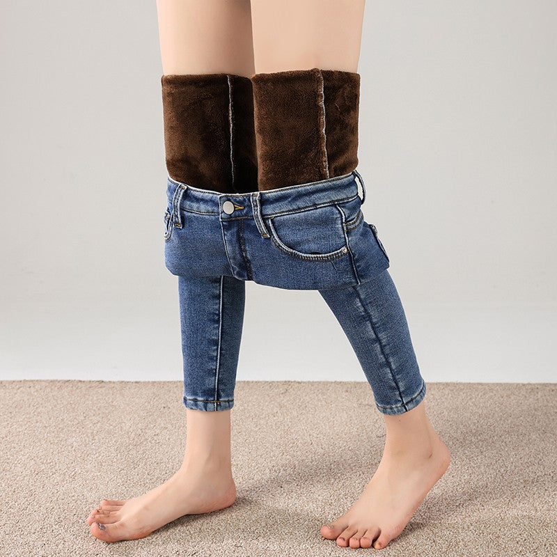 Women Thermal Jeans Winter Snow Warm Thickened Fleece Stretch Skinny Pencil Pants Fashion Korean Slim Fit Velvet Plush Pants
