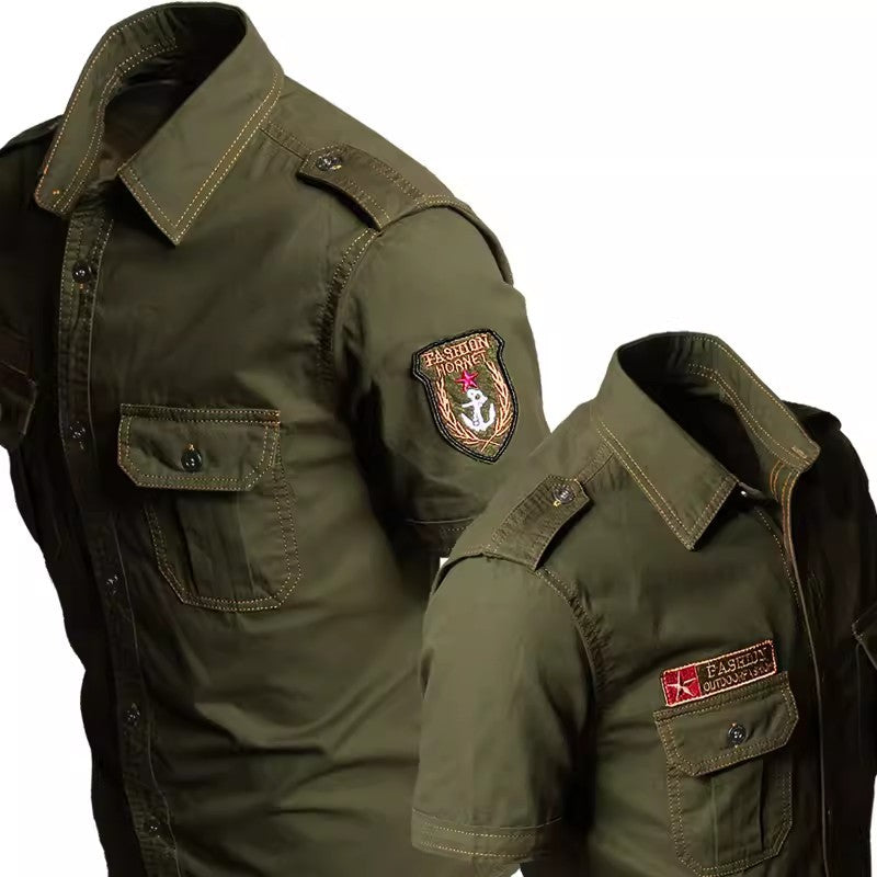 Summer Cotton Tactical Cargo Shirt Mens Multi Pocket Badge Embroidered Combats Tops Casual Breathable Tooling Chemise Homme